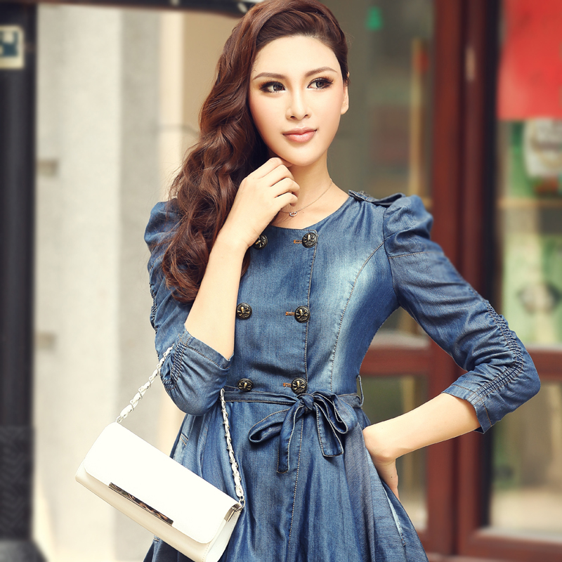 Spring one-piece dress 2013 women's slim three quarter sleeve trench style denim skirt one-piece dress