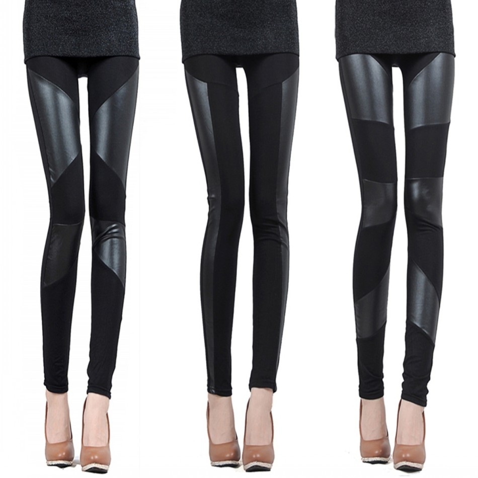 Spring patchwork leather pants legging women's patchwork faux leather legging summer thin