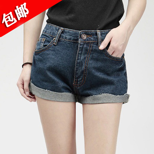 Spring plus size hem roll-up summer high waist denim shorts female loose wide leg pants boots trousers