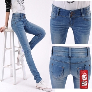 Spring plus size high waist elastic buttons pencil pants denim trousers female casual