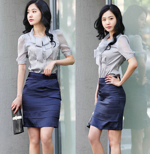 Spring professional women's 2013 white collar ol career dress gentlewomen set tailored skirt chiffon shirt