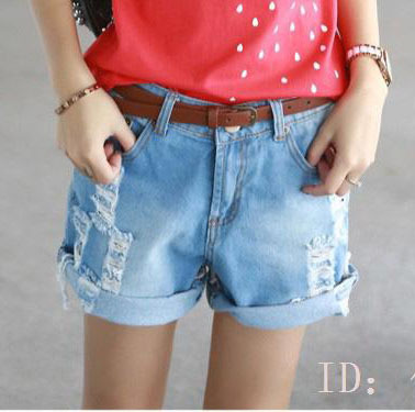 Spring roll-up hem hole loose high waist denim shorts female summer shorts wide leg pants