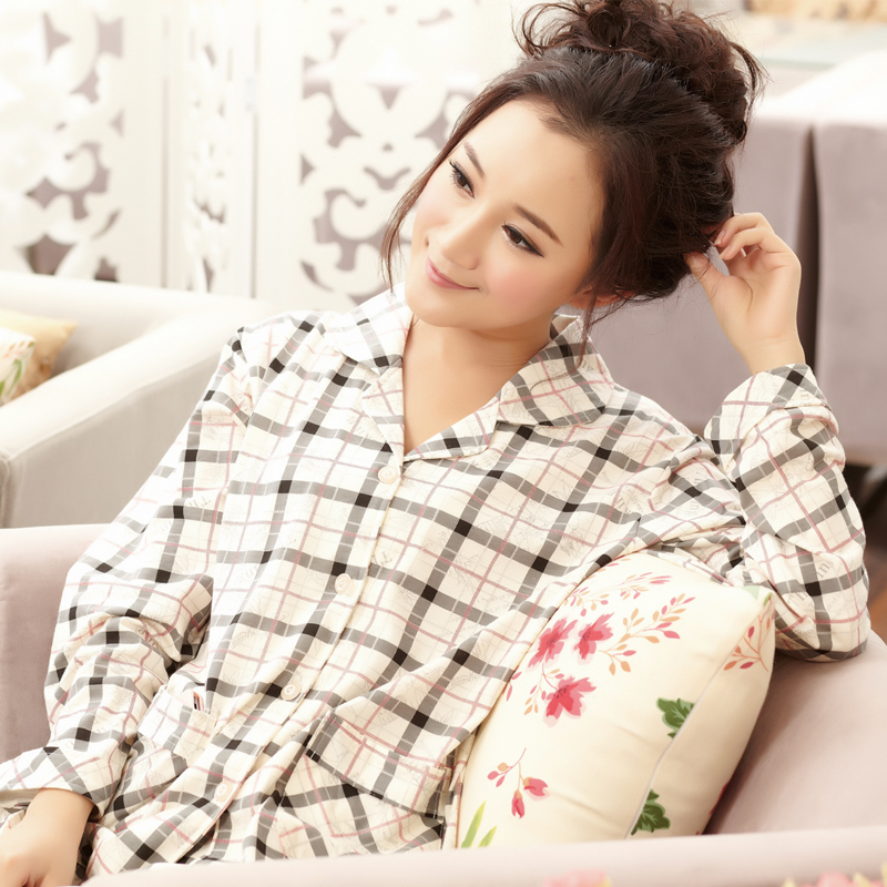 Spring sleepwear female thin long-sleeve plaid knitted cotton twinset 22621 lounge