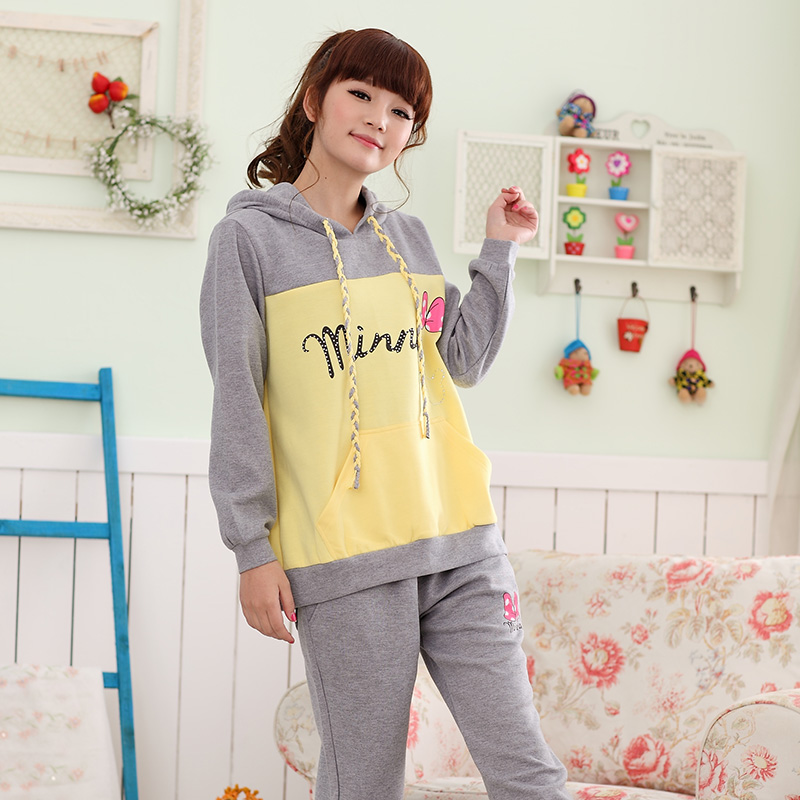 Spring sleepwear Women cartoon with a hood 100% cotton twinset maternity clothing long-sleeve lounge Free delivery