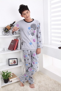 Spring smiley o-neck men's clothing long-sleeve 100% cotton sleep set sleepwear lounge