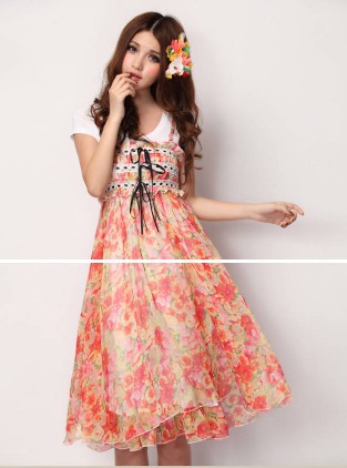 Spring Summer Bohemia Chiffon Dress Small Flower Print All Match Womens Skirts 2609 Free Shipping