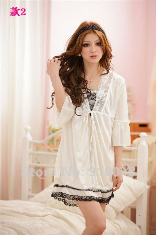 Spring-Summer gallus nightgown / 2 pcs/set  silk robes/ lace sleepwear / wholesale & retail / free shipping