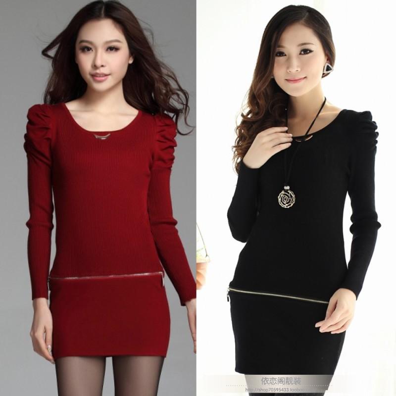 Spring sweater dress slim hip elastic sweater basic sweater medium-long puff sleeve zipper (WC005)