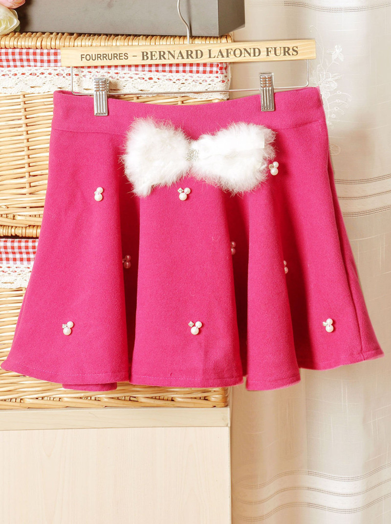 Spring sweet pearl diamond rabbit fur bow woolen high waist puff skirt short skirt bust skirt