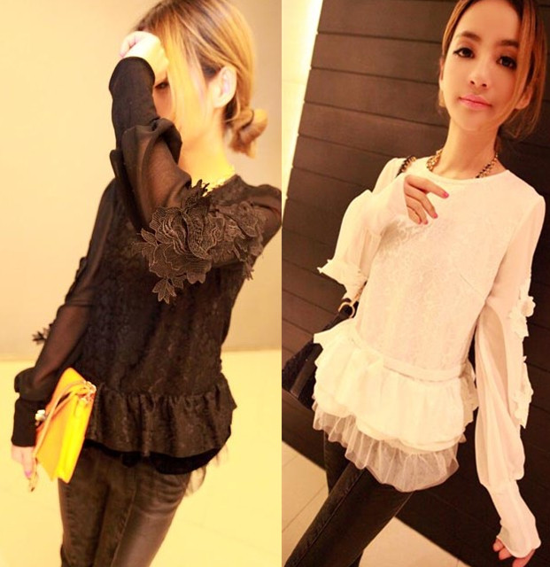 Spring thin gauze sleeve basic shirt female disk flowers lace chiffon shirt o-neck all-match gauze basic  free shipping