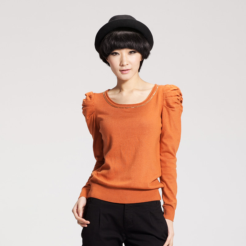 Spring TONLION Women o-neck puff sleeve basic shirt slim sweater solid color sweater