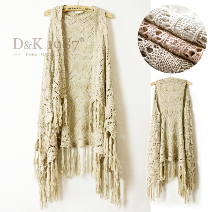 Spring vintage cutout medium-long all-match slim tassel sweater cardigan vest