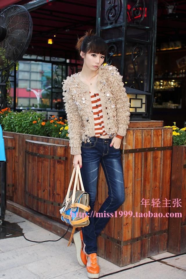 Spring vintage fashion handmade paillette loose sweater knitting short female cardigan Free Shipping