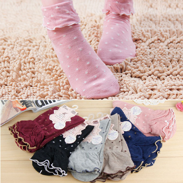 Spring vintage polka dot sock female 100% roll up hem cotton socks lace female 100% cotton short socks