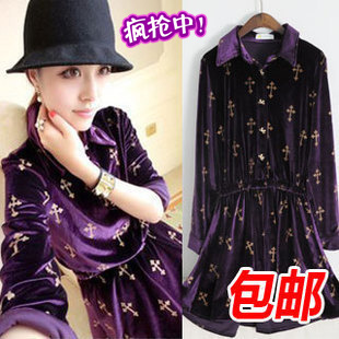 spring vintage royal cross velvet basic shirt one-piece dress female