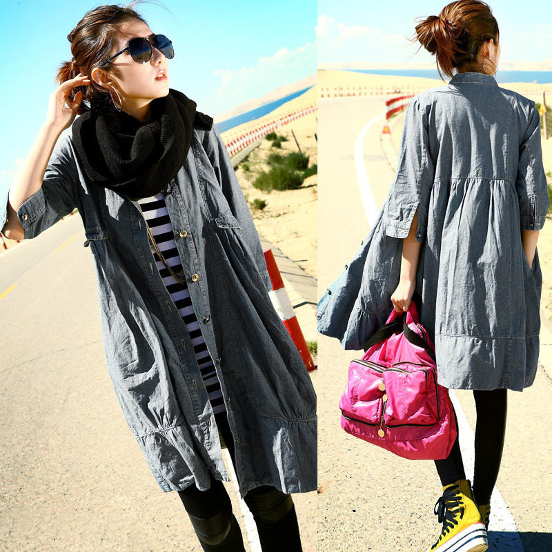 Spring women outerwear three quarter sleeve denim long design trench q5438