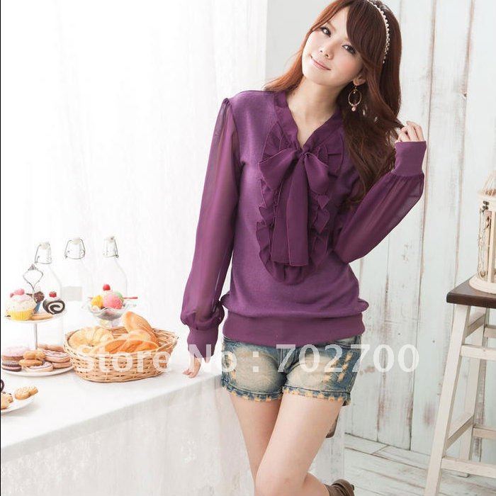 Spring Women Plus Size new Fashion Korean women sweet lace flounces V-Neck long sleeve Shirts E9815 Holiday Sale