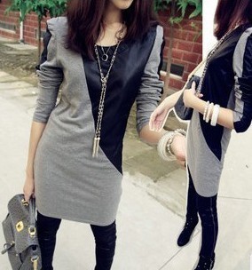 Spring women's 2013 slim patchwork leather small cool medium-long t-shirt long-sleeve female