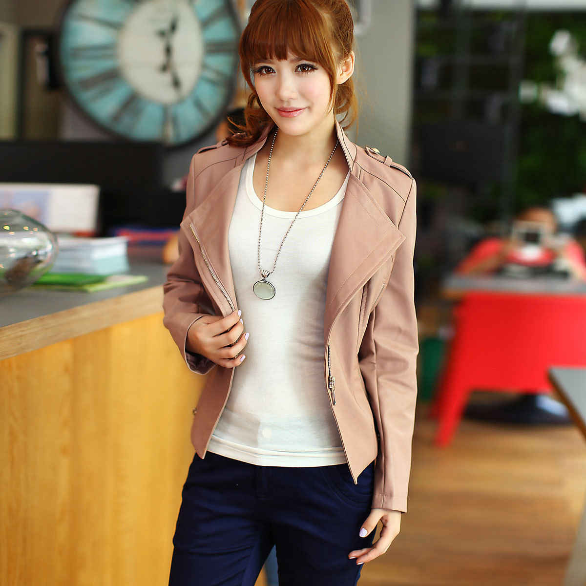 Spring women's cool front fly slim leather clothing outerwear (WC092)