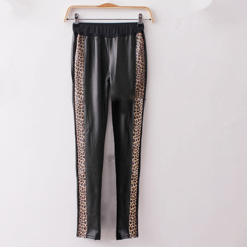 Spring women's fashion leopard print patchwork leather pants elastic waist pants PU leather pants plus velvet pants