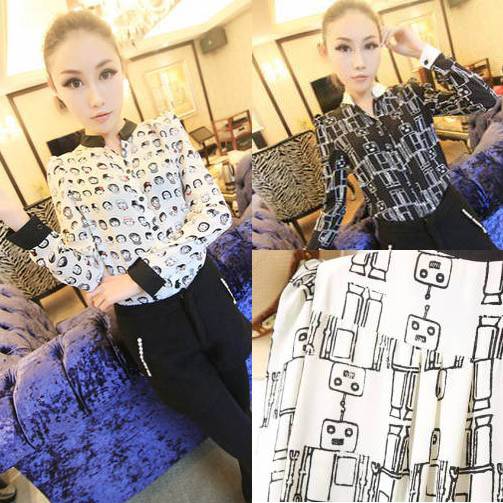 Spring women's fashion puff sleeve robot pattern chiffon shirt fashion stand collar basic shirt top