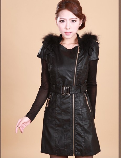 Spring women's leather skirt long leather coat fur collar sleeveless leather sell like hot cakes lady leather jacket