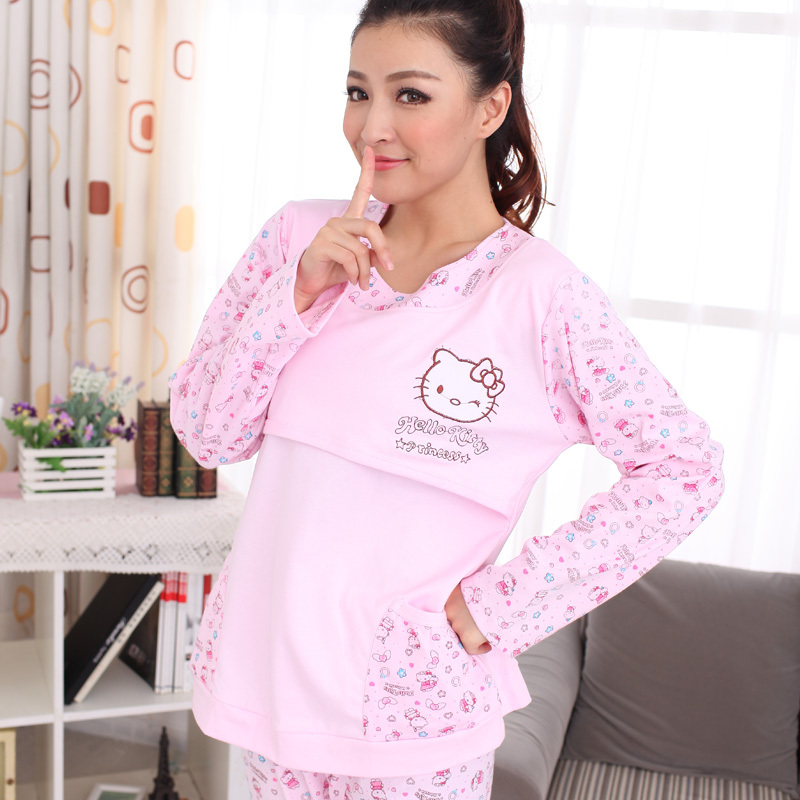 Spring women's lovely sleepwear nursing clothes 100% cotton long-sleeve cartoon kt cat sleepwear lounge set Free delivery