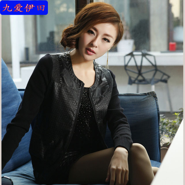 Spring women's new arrival casual design leather short slim clothing knitted sleeve PU leather jacket outerwear fashion