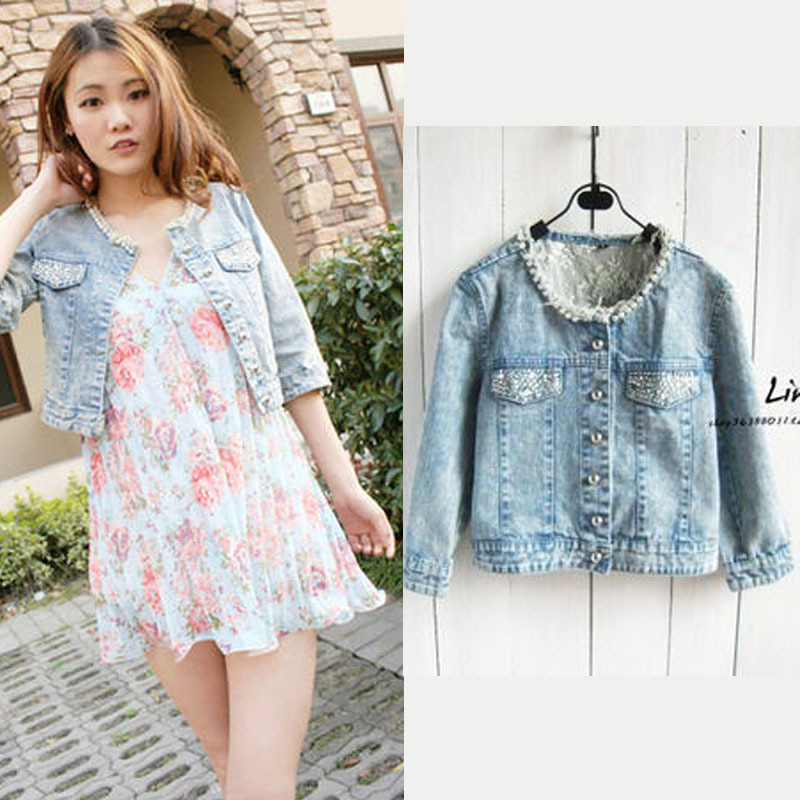 Spring women's new arrival japanese style lace pearl o-neck slim three quarter sleeve denim outerwear design short outerwear