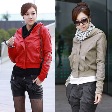 Spring women's personality rhinestones with a hood motorcycle short design leather clothing