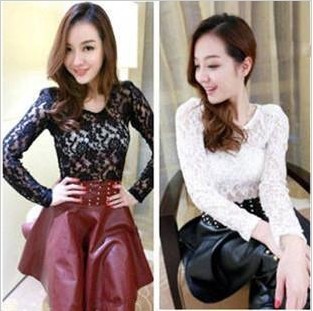 Spring women's shirt sexy fashion all-match long-sleeve basic lace shirt 81301