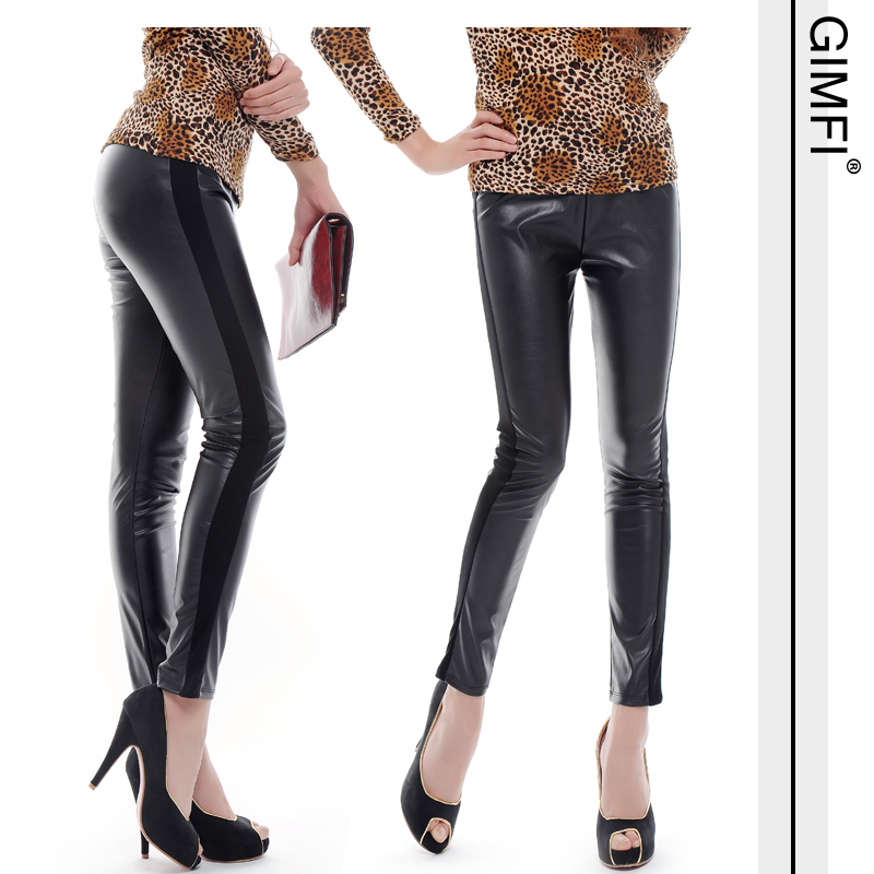 Spring women's slim leg leather patchwork cotton pants