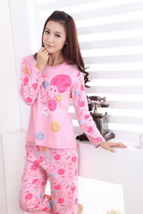 Spring women's smiley pure long-sleeve sleep set lounge sleepwear