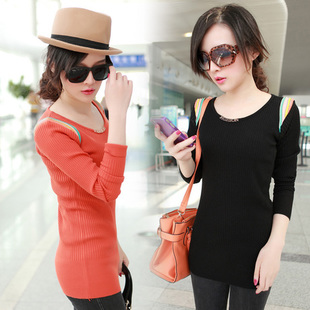 Spring women's solid color medium-long elastic slim o-neck sweater basic sweater necklace