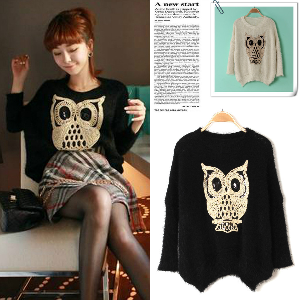 Spring women's sweet all-match owl paillette loose sweater 2050