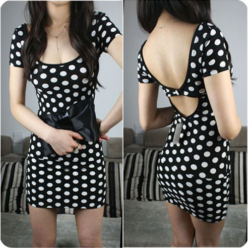 Spring women's V-neck short-sleeve dot tight-fitting slim one-piece dress sexy low-cut slim hip miniskirt