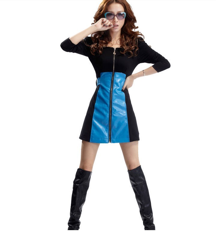 Square collar zipper pencil skirt epaulette bow lacing 2012 leather patchwork long-sleeve dress