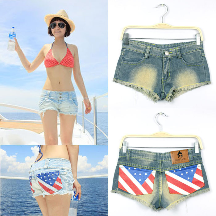 SSY light-colored whitened American flag package hip jeans shorts, hot pants 9808