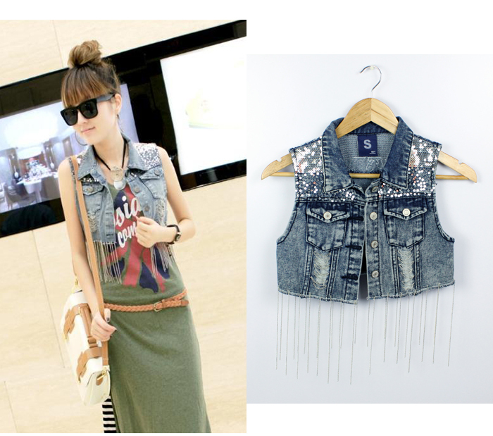 Ssy turn-down collar short design denim outerwear beaded chain women's short jacket slim top small vest