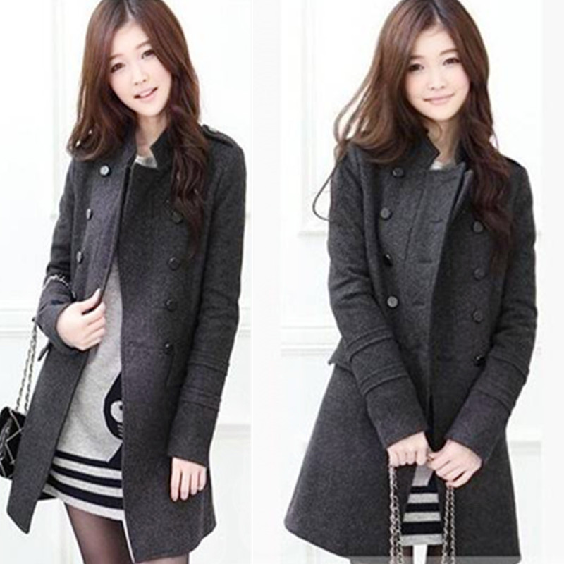 Stand Collar Graceful Double-Breasted Long Sleeve Woolen Fabric Coat For Women