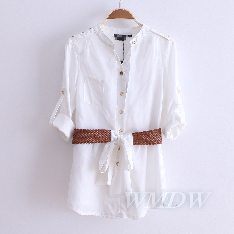 Stand collar long-sleeve epaulet decoration roll sleeve solid color shirt with belt wc1034