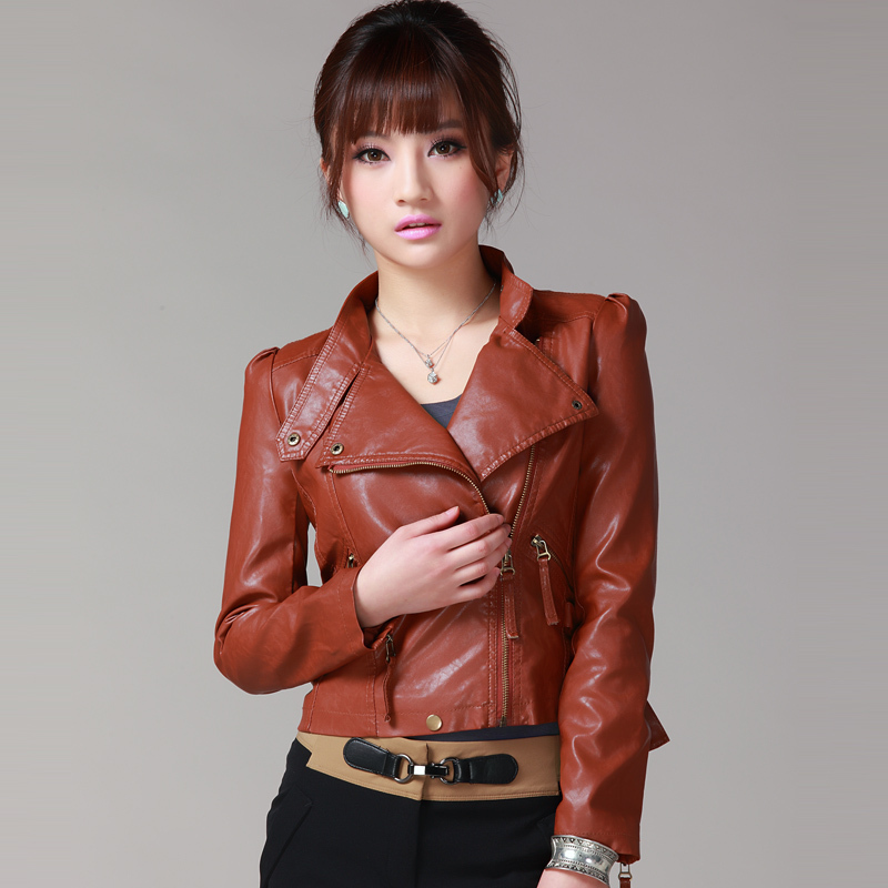 Stand collar motorcycle fashion short design leather coat PU clothing women's small leather clothing jacket