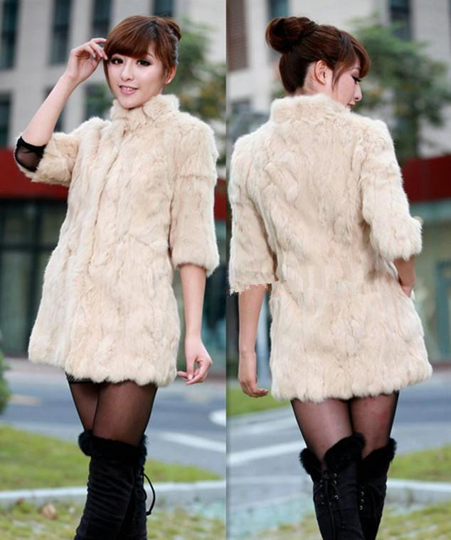 Stand collar short-sleeve medium-long rabbit fur slim outerwear fur overcoat