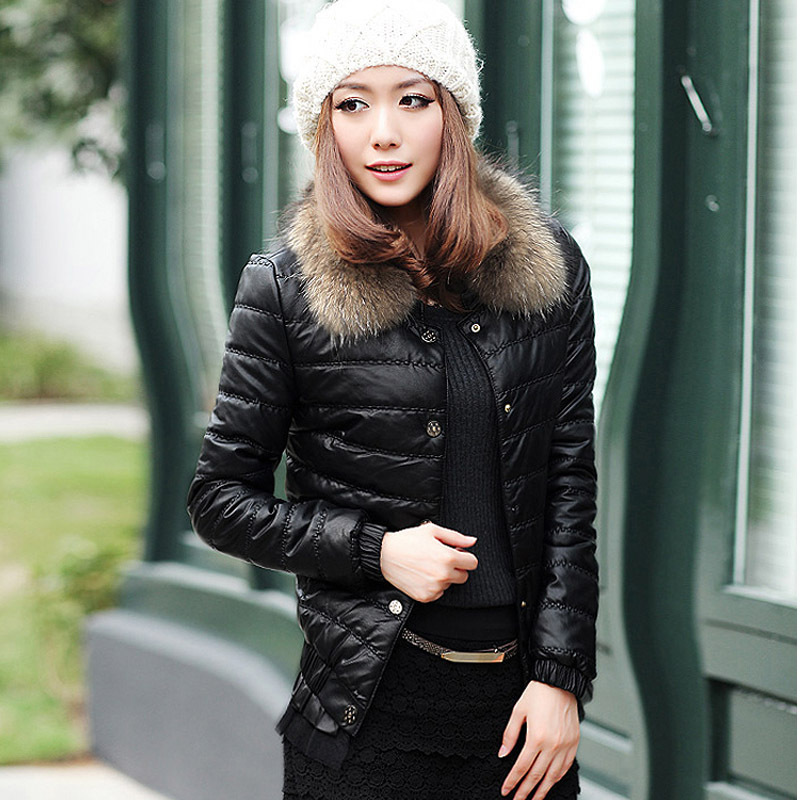 Stand collar thickening wadded jacket autumn new arrival women's raccoon fur PU cotton-padded jacket quality thickening LDX