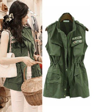 Stand Neck Sleeveless Pockets Vest Army-Green Korea Version Zipper Coat Women Leisure Tops Free Shipping Cloth Zipper Cardigan