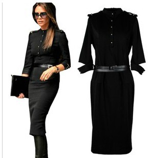 Stand-Up Collar 3/4 Sleeve Slim Fit Belted Pencil Dress With Epaulettes With Belt