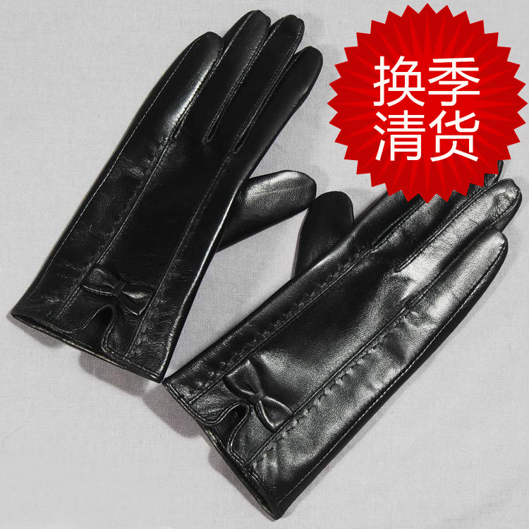 Star Foreign Trade Thermal leather gloves women's winter fashion sheepskin genuine leather gloves plus velvet bow