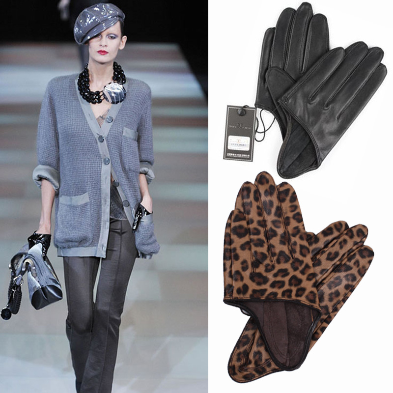 Star Foreign Trade Women's thin hip-hop leather gloves genuine leather short design semi-finger leopard print leather gloves