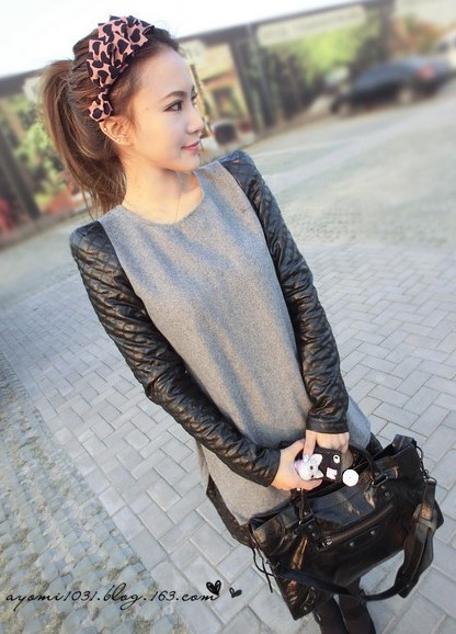 Star style plaid leather patchwork one-piece dress female autumn new arrival woolen a-line skirt