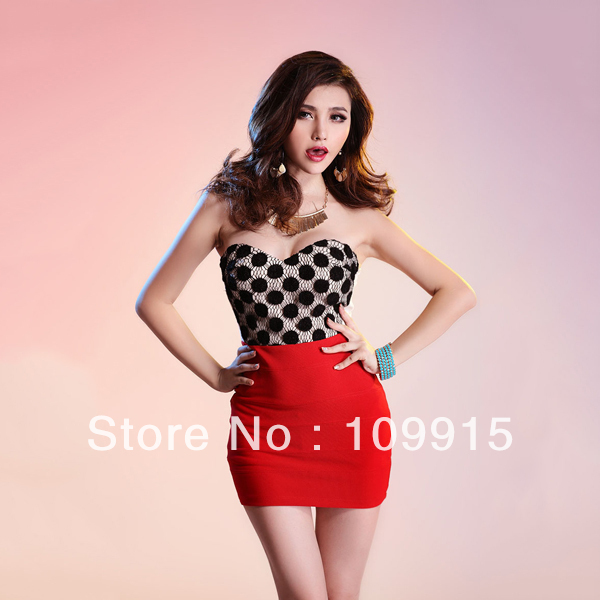 Strapless Ruched Lace Dots Zip Back Colorblock Party Clubwear Mini Tube Dress Free Shipping HR499